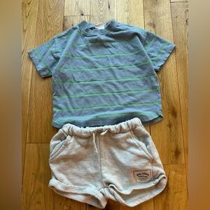 Zara Kids Boys Outfit Blue Striped Tshirt Grey Sweatpant Shorts 18-24mos 2-3